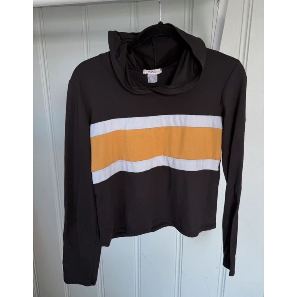 Marci Long Sleeve Hooded Crop Top Black Yellow White Stripe Womens Large